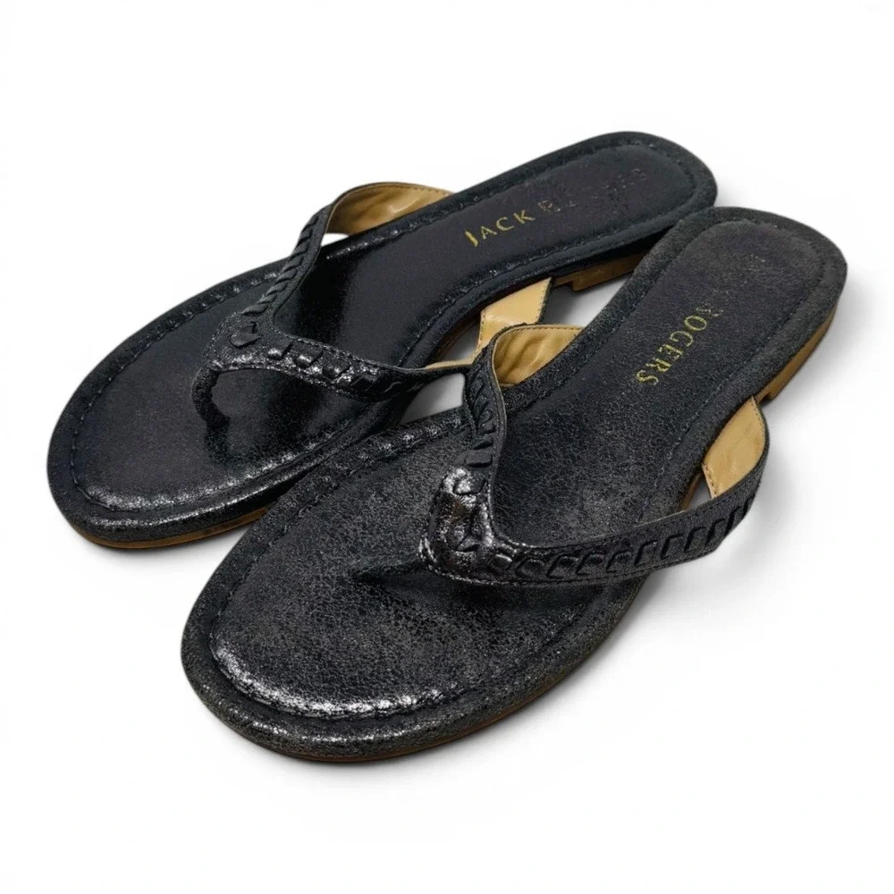 Jack Rogers Metallic Pewter Leather Thong Sandals Whipstitch Slides Flats Size 7
